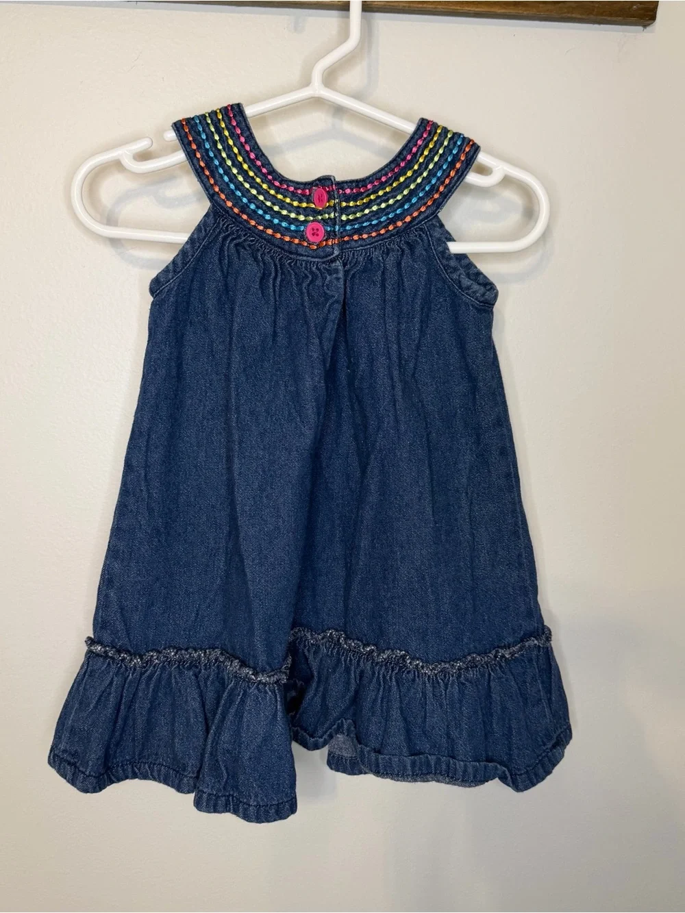 Vintage Y2K Okie Dokie Baby Girls Denim Chambray Embroidered Dress 18 Months